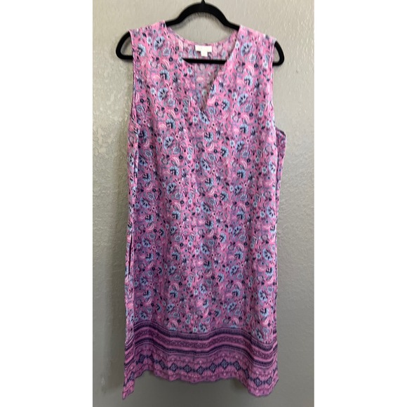 J Jill Love Linen Floral Print SZ XL Shift Dress Pink Lavender Midi Beachy Cool - Picture 1 of 10